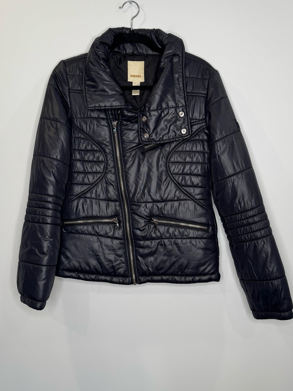 Diesel Jacket Women Black Full Zip Lined Biker Bomber Puffer Coat Nylon small